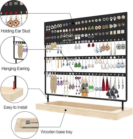 منظم مجوهرات حامل القرط، 3 طبقات 144 فتحة منظم عرض القرط مع صينية خشبية للأقراط والقلائد والخواتم in Kuwait