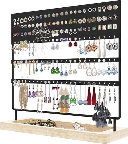 منظم مجوهرات حامل القرط، 3 طبقات 144 فتحة منظم عرض القرط مع صينية خشبية للأقراط والقلائد والخواتم in Kuwait