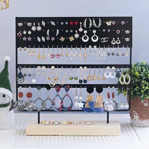 منظم مجوهرات حامل القرط، 3 طبقات 144 فتحة منظم عرض القرط مع صينية خشبية للأقراط والقلائد والخواتم in Kuwait