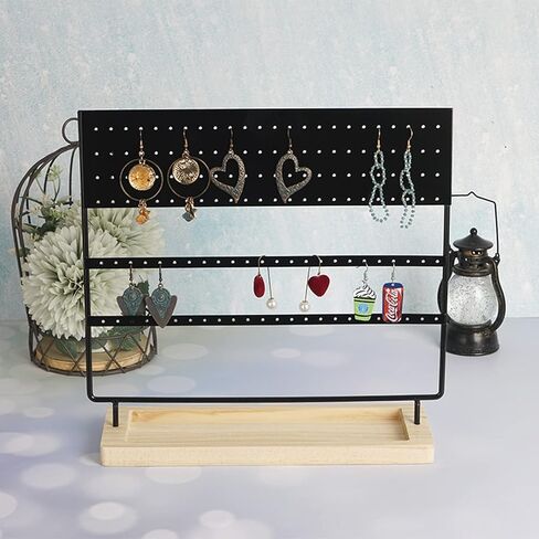 منظم مجوهرات حامل القرط، 3 طبقات 144 فتحة منظم عرض القرط مع صينية خشبية للأقراط والقلائد والخواتم in Kuwait