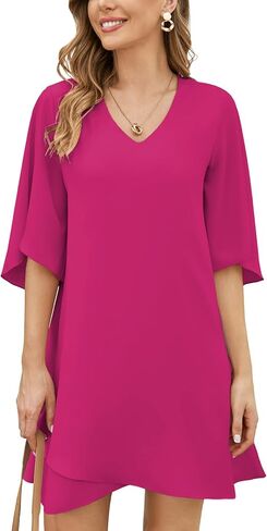 BELONGSCI Women's 2024 Summer Dress Sweet & Cute V-Neck 3/4 Bell Sleeve Casual Flowy Swing Dress in Kuwait