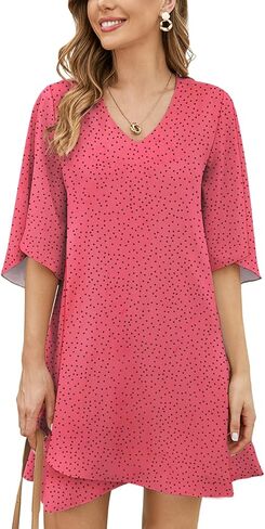 BELONGSCI Women's 2024 Summer Dress Sweet & Cute V-Neck 3/4 Bell Sleeve Casual Flowy Swing Dress in Kuwait
