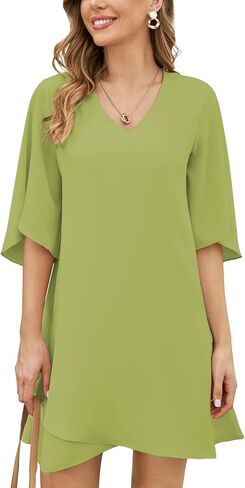 BELONGSCI Women's 2024 Summer Dress Sweet & Cute V-Neck 3/4 Bell Sleeve Casual Flowy Swing Dress in Kuwait