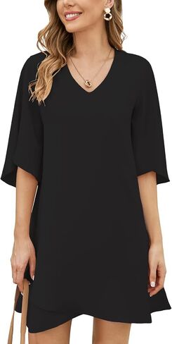 BELONGSCI Women's 2024 Summer Dress Sweet & Cute V-Neck 3/4 Bell Sleeve Casual Flowy Swing Dress in Kuwait