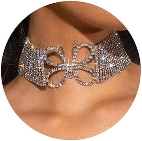 Nicute Crystal Choker Silver Butterfly Necklace Sparkly Full Rhinestone Choker Festival Rave Neck Jewelry for Women and Girls in Saudi Arabia