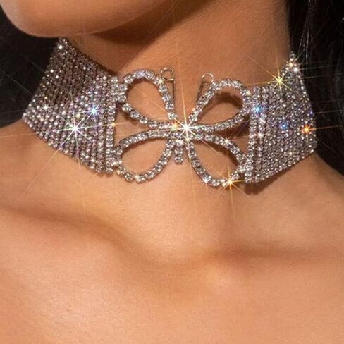 Nicute Crystal Choker Silver Butterfly Necklace Sparkly Full Rhinestone Choker Festival Rave Neck Jewelry for Women and Girls in Saudi Arabia