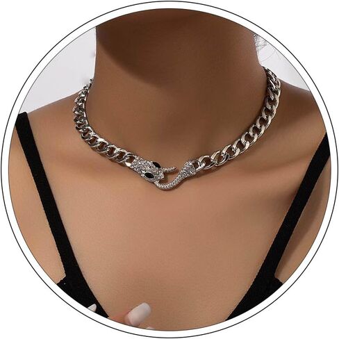 Punk Snake Choker Necklace Gold Cuban Link Chain Serpent Necklace Diamond Cz Snake Shaped Bib Collar Choker Chunky Chain Animal Statement Necklace Halloween Jewelry for Women Girls in Saudi Arabia