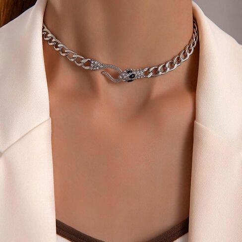 Punk Snake Choker Necklace Gold Cuban Link Chain Serpent Necklace Diamond Cz Snake Shaped Bib Collar Choker Chunky Chain Animal Statement Necklace Halloween Jewelry for Women Girls in Saudi Arabia