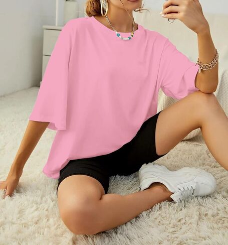 SAFRISIOR Oversized Tee Shirt for Women Letter Graphic T Shirts Short Sleeve Round Neck Drop Shoulder Casual Loose Tee Top in Kuwait