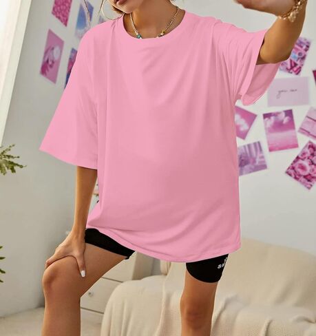 SAFRISIOR Oversized Tee Shirt for Women Letter Graphic T Shirts Short Sleeve Round Neck Drop Shoulder Casual Loose Tee Top in Kuwait