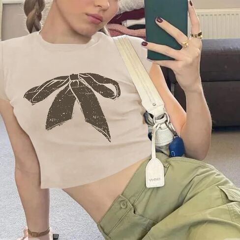 KIEKIECOO Vintage Graphic Baby Tee for Women Short Sleeve Cute Crop Tops for Teen Girls Aesthetic Y2k Cropped Tshirt in Saudi Arabia