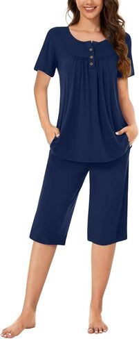 Bestbee Womens Pajama Set, 2 Piece Y2K Summer Sleep Set Henley Neck Short Sleeve With Pockets Ladies Pjs Set in Saudi Arabia