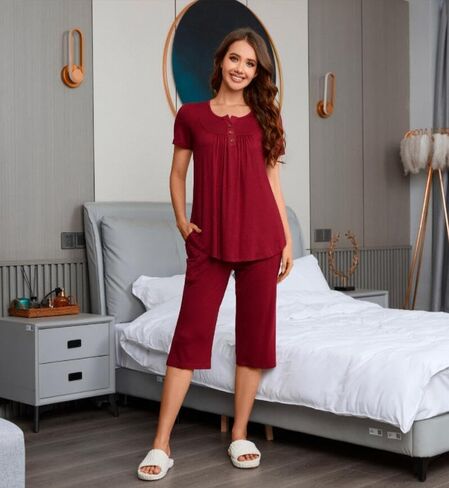 Bestbee Womens Pajama Set, 2 Piece Y2K Summer Sleep Set Henley Neck Short Sleeve With Pockets Ladies Pjs Set in Saudi Arabia