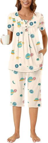 Bestbee Womens Pajama Set, 2 Piece Y2K Summer Sleep Set Henley Neck Short Sleeve With Pockets Ladies Pjs Set in Saudi Arabia