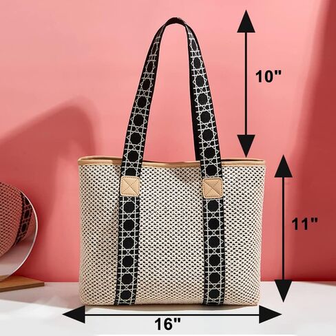 Straw Bag, Beach Bags for Women, Soft Woven Beach Tote Canvas Shoulder Strap, Handmade Rattan Handbag for Vacation in Kuwait