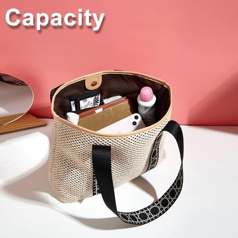 Straw Bag, Beach Bags for Women, Soft Woven Beach Tote Canvas Shoulder Strap, Handmade Rattan Handbag for Vacation in Kuwait