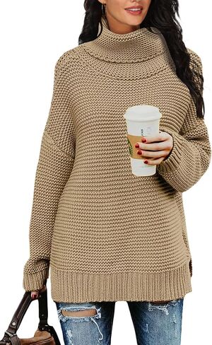 PrinStory Women's Sweater Turtle Neck Chunky Knit Pullover Sweaters Casual Long Sleeve Tops with Side Slit in Saudi Arabia