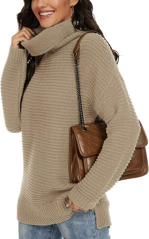 PrinStory Women's Sweater Turtle Neck Chunky Knit Pullover Sweaters Casual Long Sleeve Tops with Side Slit in Saudi Arabia