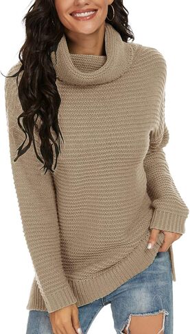 PrinStory Women's Sweater Turtle Neck Chunky Knit Pullover Sweaters Casual Long Sleeve Tops with Side Slit in Saudi Arabia