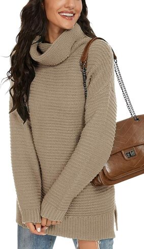 PrinStory Women's Sweater Turtle Neck Chunky Knit Pullover Sweaters Casual Long Sleeve Tops with Side Slit in Saudi Arabia