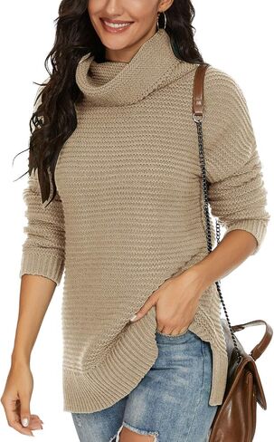 PrinStory Women's Sweater Turtle Neck Chunky Knit Pullover Sweaters Casual Long Sleeve Tops with Side Slit in Saudi Arabia