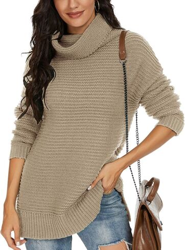 PrinStory Women's Sweater Turtle Neck Chunky Knit Pullover Sweaters Casual Long Sleeve Tops with Side Slit in Saudi Arabia