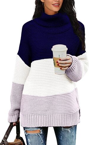 PrinStory Women's Sweater Turtle Neck Chunky Knit Pullover Sweaters Casual Long Sleeve Tops with Side Slit in Saudi Arabia