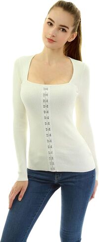 AmélieBoutik Women Square Neck Buckle Embellished Ribbed Sweater in Saudi Arabia