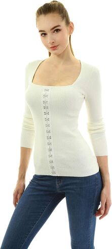 AmélieBoutik Women Square Neck Buckle Embellished Ribbed Sweater in Saudi Arabia