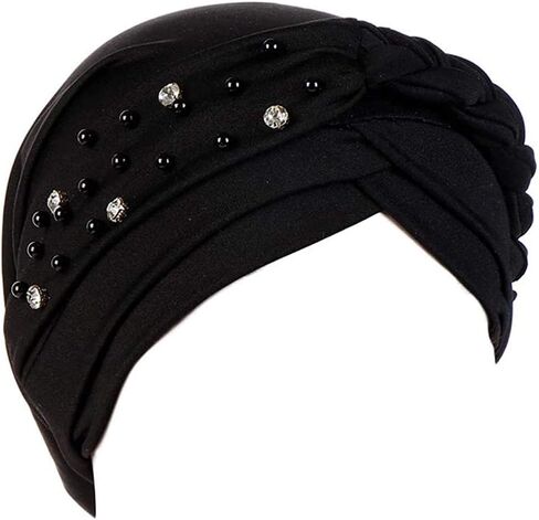 Women Girls Turban Hat, Rhinestone Pearl Braid Turban Head Wrap Baggy Slouchy Beanie Chemo Cap Headwear Hair Wrap in Saudi Arabia