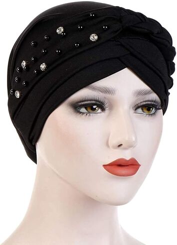 Women Girls Turban Hat, Rhinestone Pearl Braid Turban Head Wrap Baggy Slouchy Beanie Chemo Cap Headwear Hair Wrap in Saudi Arabia