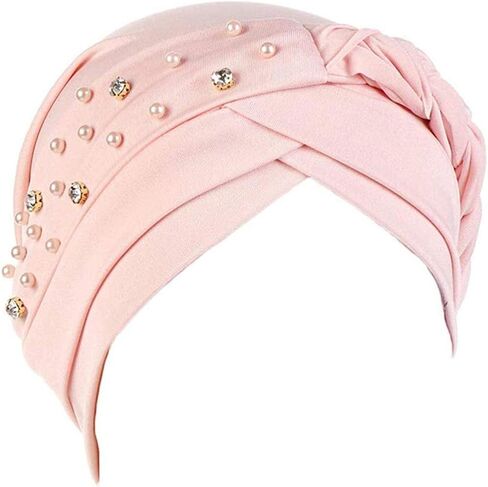 Women Girls Turban Hat, Rhinestone Pearl Braid Turban Head Wrap Baggy Slouchy Beanie Chemo Cap Headwear Hair Wrap in Saudi Arabia