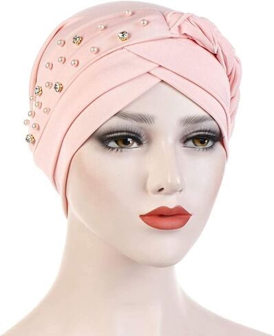 Women Girls Turban Hat, Rhinestone Pearl Braid Turban Head Wrap Baggy Slouchy Beanie Chemo Cap Headwear Hair Wrap in Saudi Arabia