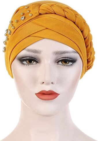 Women Girls Turban Hat, Rhinestone Pearl Braid Turban Head Wrap Baggy Slouchy Beanie Chemo Cap Headwear Hair Wrap in Saudi Arabia