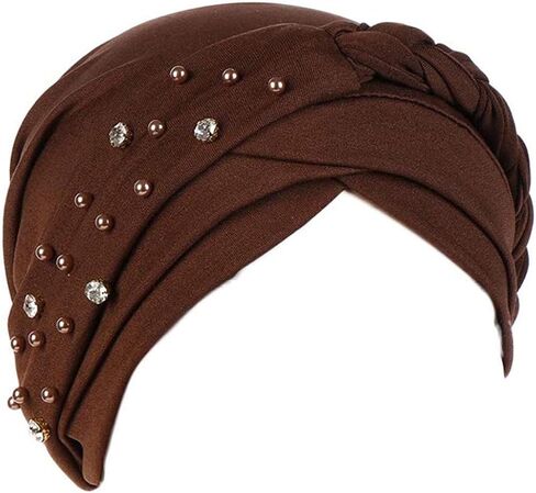 Women Girls Turban Hat, Rhinestone Pearl Braid Turban Head Wrap Baggy Slouchy Beanie Chemo Cap Headwear Hair Wrap in Saudi Arabia