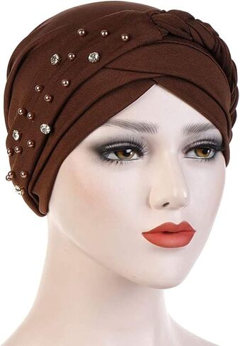 Women Girls Turban Hat, Rhinestone Pearl Braid Turban Head Wrap Baggy Slouchy Beanie Chemo Cap Headwear Hair Wrap in Saudi Arabia