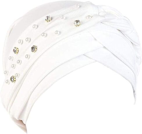 Women Girls Turban Hat, Rhinestone Pearl Braid Turban Head Wrap Baggy Slouchy Beanie Chemo Cap Headwear Hair Wrap in Saudi Arabia