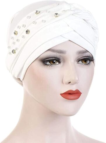 Women Girls Turban Hat, Rhinestone Pearl Braid Turban Head Wrap Baggy Slouchy Beanie Chemo Cap Headwear Hair Wrap in Saudi Arabia