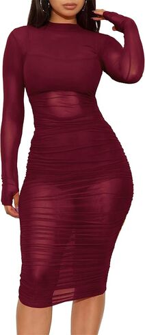 Atyfuniby Women's Sexy 3 Piece Outfits Mesh See Through Ruched Midi Dresses + Crop Tank Tops + Skinny Shorts Sets Clubwear in Kuwait