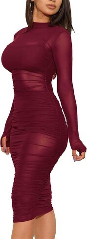 Atyfuniby Women's Sexy 3 Piece Outfits Mesh See Through Ruched Midi Dresses + Crop Tank Tops + Skinny Shorts Sets Clubwear in Kuwait