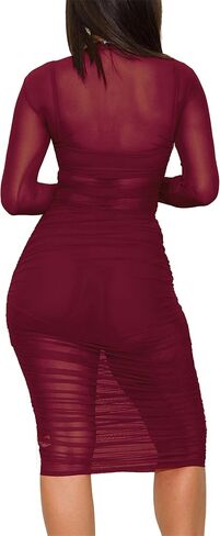 Atyfuniby Women's Sexy 3 Piece Outfits Mesh See Through Ruched Midi Dresses + Crop Tank Tops + Skinny Shorts Sets Clubwear in Kuwait