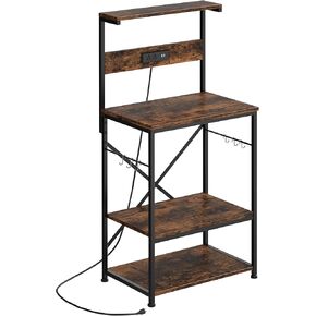 Shintenchi Bakers Rack with Power Outlet, Kitchen Organizer and Storage with 6 Hooks, Microwave Oven Stand, Kitchen Shelf for Spice, Coffee Station, Coffee Bar Table (Vintage Brown)