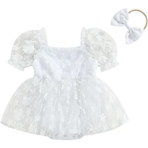 KMBANGI Newborn Infant Baby Girl Summer Romper Dress Flower Puff Short Sleeve Tulle Princess A-Line Dress Headband 2PCS Set