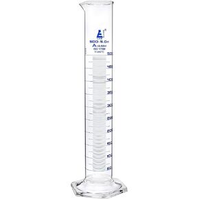 EISCO Graduated Cylinder, 500ml - Class A Tolerance ±2.50ml - Hexagonal Base - Blue Graduations - Borosilicate 3.3 Glass