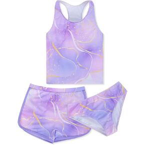 Sylfairy Girls 3 Piece Bathing Suit Summer UPF 50+ Racerback Swimsuit with Shorts Beach Tankini Sets 8-15 Years
