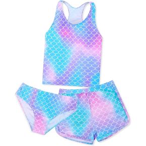 Sylfairy Girls 3 Piece Bathing Suit Summer UPF 50+ Racerback Swimsuit with Shorts Beach Tankini Sets 8-15 Years