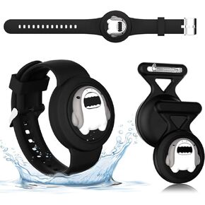 [2in1] for AirTag Bracelet & AirTag Holder with Pin, Kids Airtag Case and Kids Air Tag Bracelet Waterproof Air tag Holder Cute Design Soft Silicone Air Tag Case for Children Teens (Black-Shark)