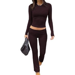 Casual Workout Two Piece Outfits Long Sleeve High Waist Fold-over Flare Flared Leggings Pants Tracksuit Sets Streetwear