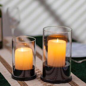 Romadedi Modern Farmhouse Hurricane Candle Holder - Black Pillar Candle Stand with Clear Glass Shade for Coffee Table Living Room Dining Centerpiece Mantel Fireplace Home Decor