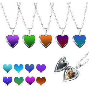 5 Pieces Heart Locket Necklace Temperature Sensing Color Changing Mood Necklace Love Heart Photo Pendant Stainless Steel Glitter Necklace Jewelry for Girls Birthday Christmas Valentines
